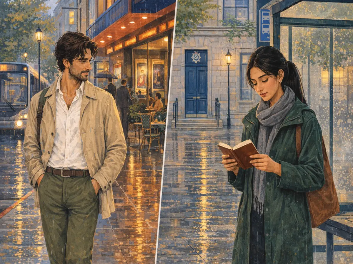 Two rainy-evening story moments: a man waits by a cinema, and another person finds a notebook near a bus stop and closed police station.