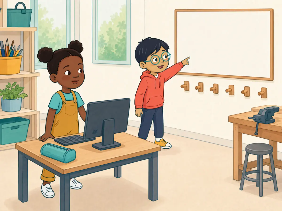 In the makerspace classroom at River Studio School, a child stands beside one computer and one turquoise pencil case on a near table. Another child points across the room to one blank board and six sturdy wall pegs.