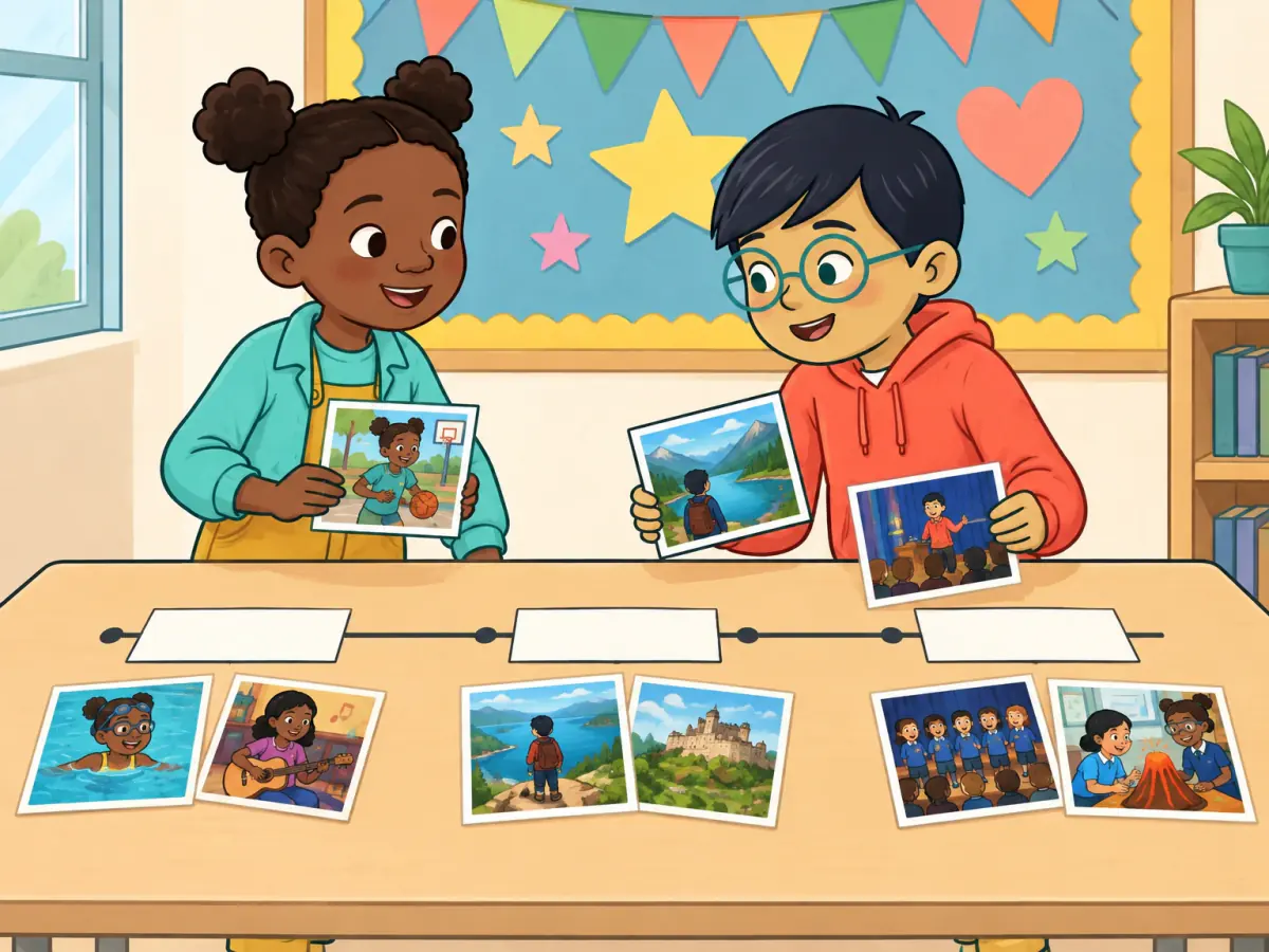 At a welcome-back display, Nia and Leo compare photos of current hobbies, a recent trip and a school event using blank timeline cards.