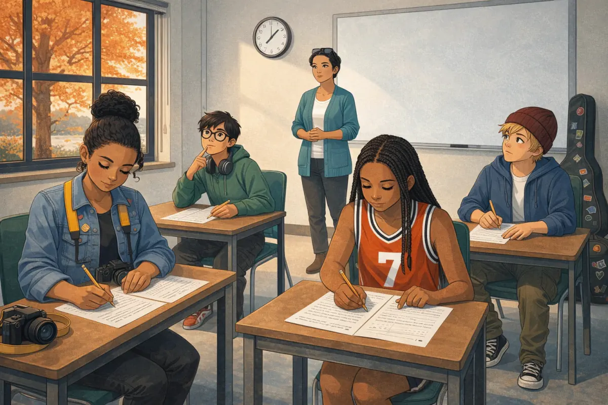 Four friends do a practice exam paper in the club room while a teacher watches the clock.