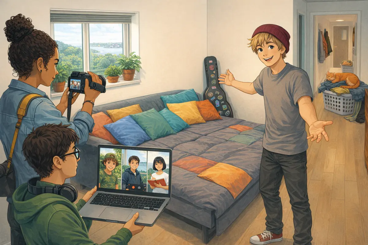 A teenager shows his small flat and a sofa bed full of cushions while one friend films and another holds a laptop showing three friends on a video call. A cat sleeps in a laundry basket in the narrow hall.