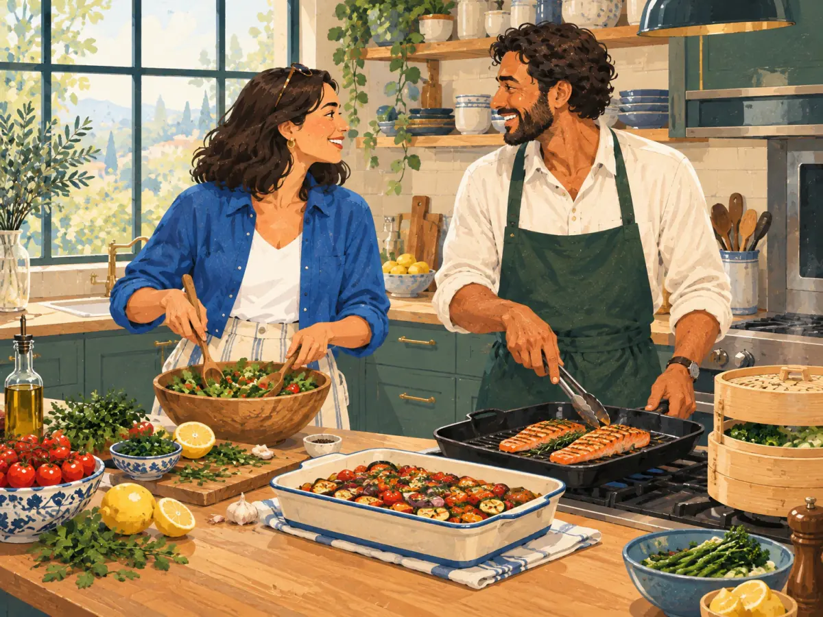Two adults prepare several dishes using different cooking methods.