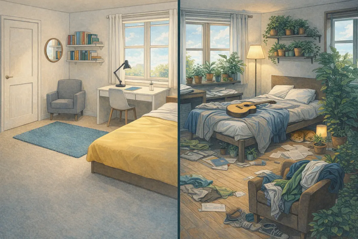 A tidy bedroom and an untidy bedroom side by side.