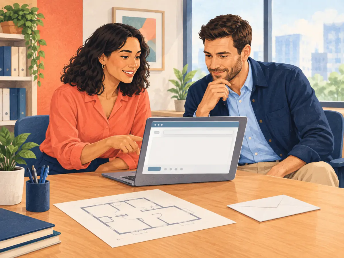 A professional desk with a blank email composition window suggested only by shapes, a floor-plan sheet without markings, and an envelope.