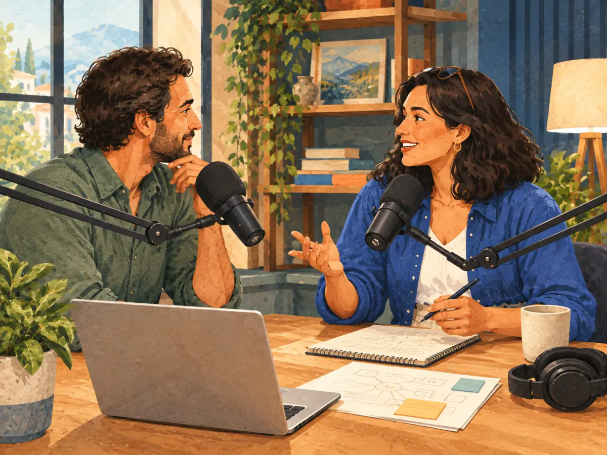 Two friends talk at two microphones in a small recording studio.