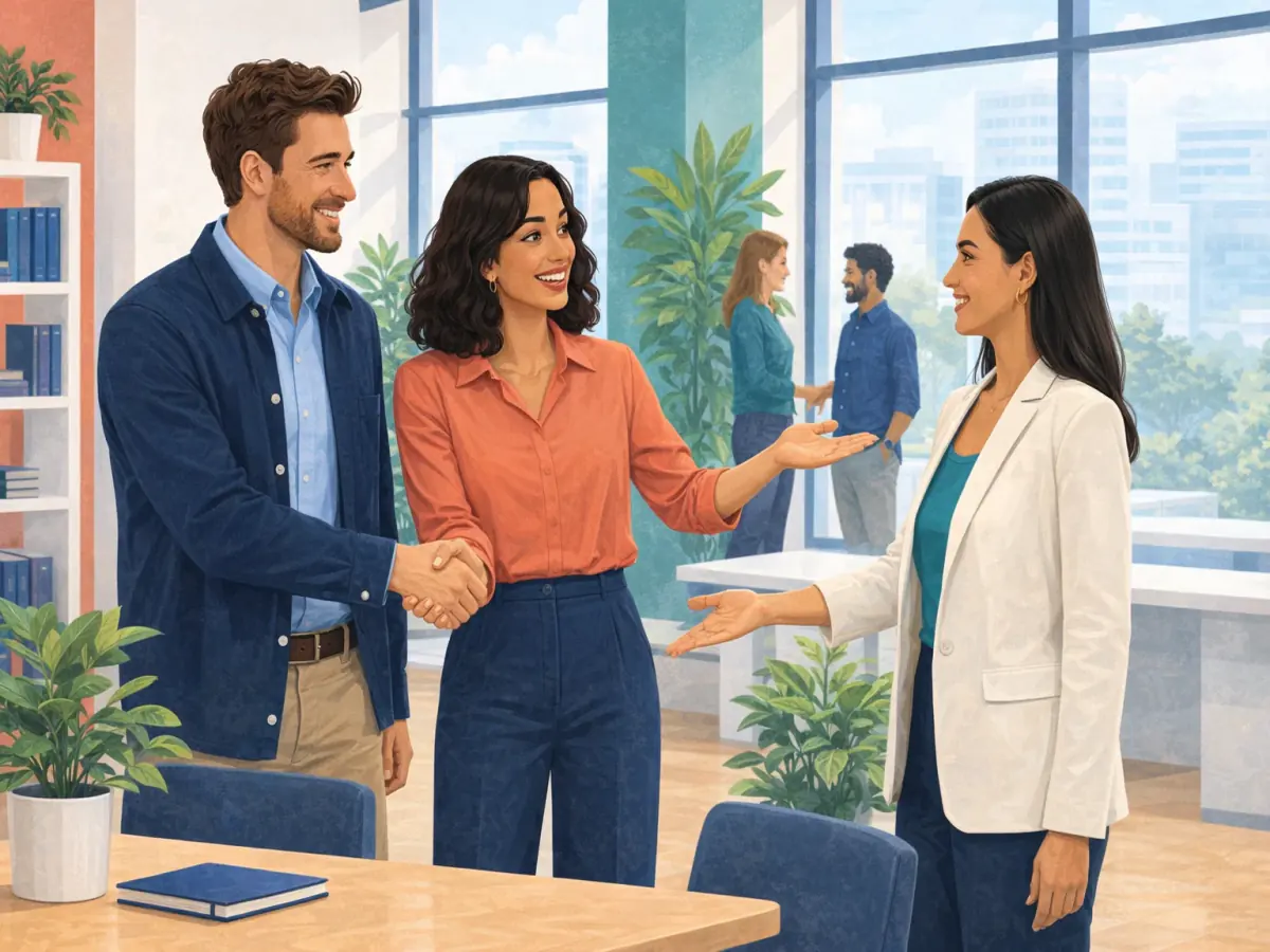 A woman meets a colleague and introduces another colleague.