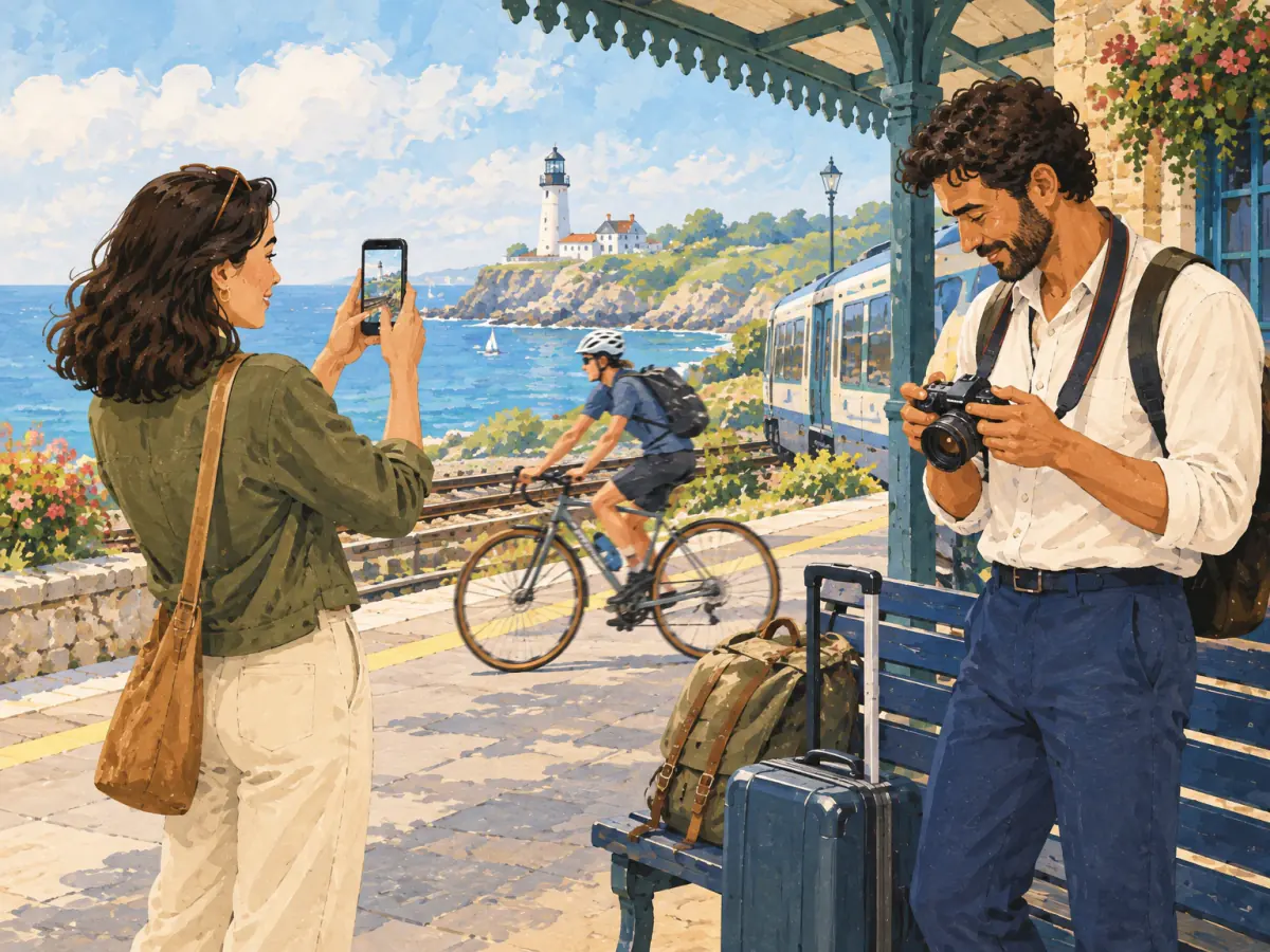 Two friends take photographs at a coastal station with a lighthouse and cyclist visible.