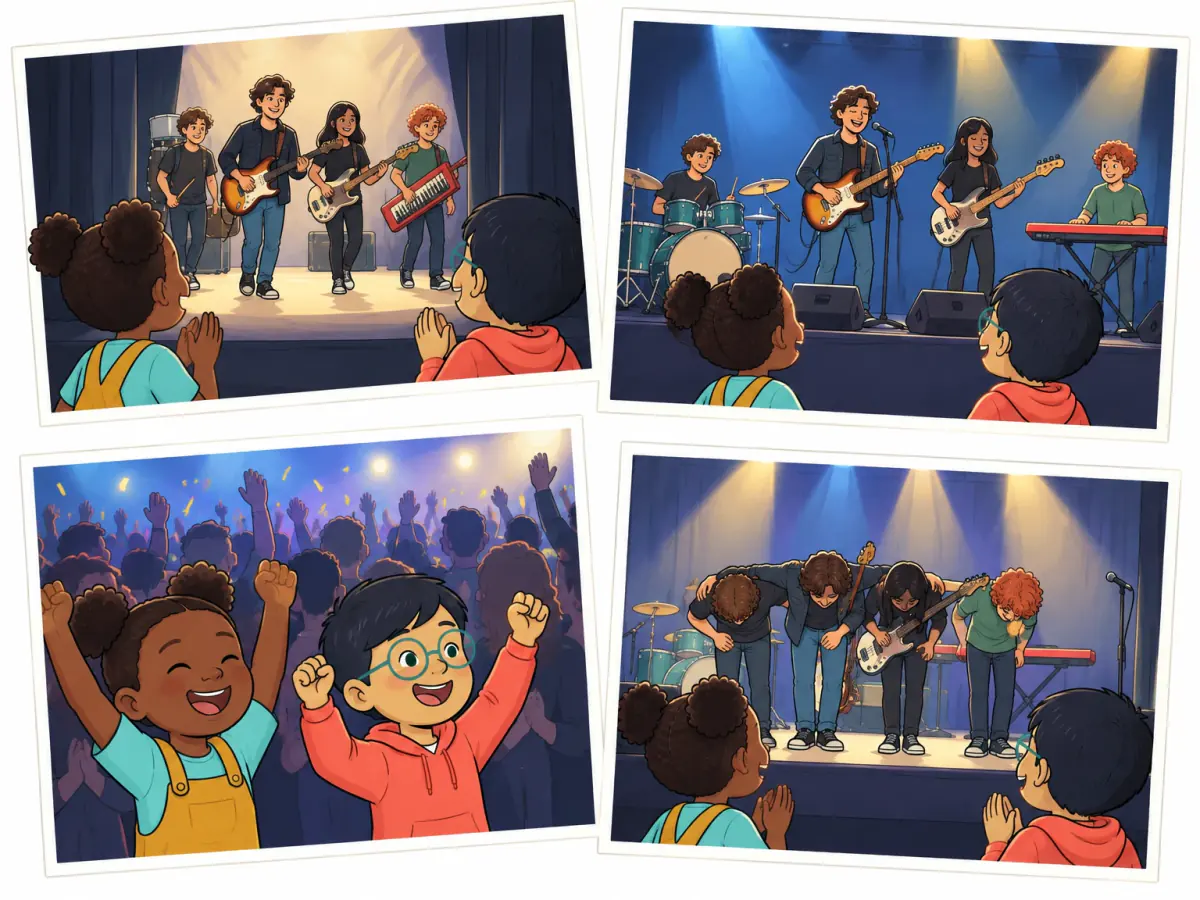 Four concert-memory pictures show musicians entering the stage, playing instruments, the audience cheering and the group bowing at the end.