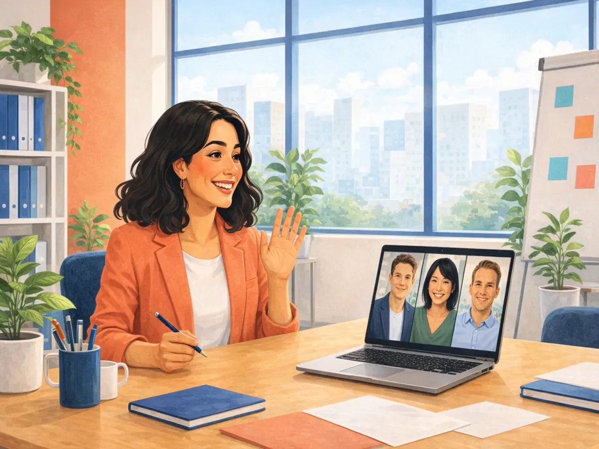 Maya waves to three people in an online meeting on her laptop.