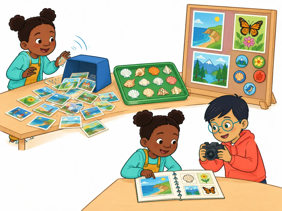 At a class collection fair, postcards spill from a blue box while shells stay on a green tray; posters and badges are displayed as two children make a picture guide.