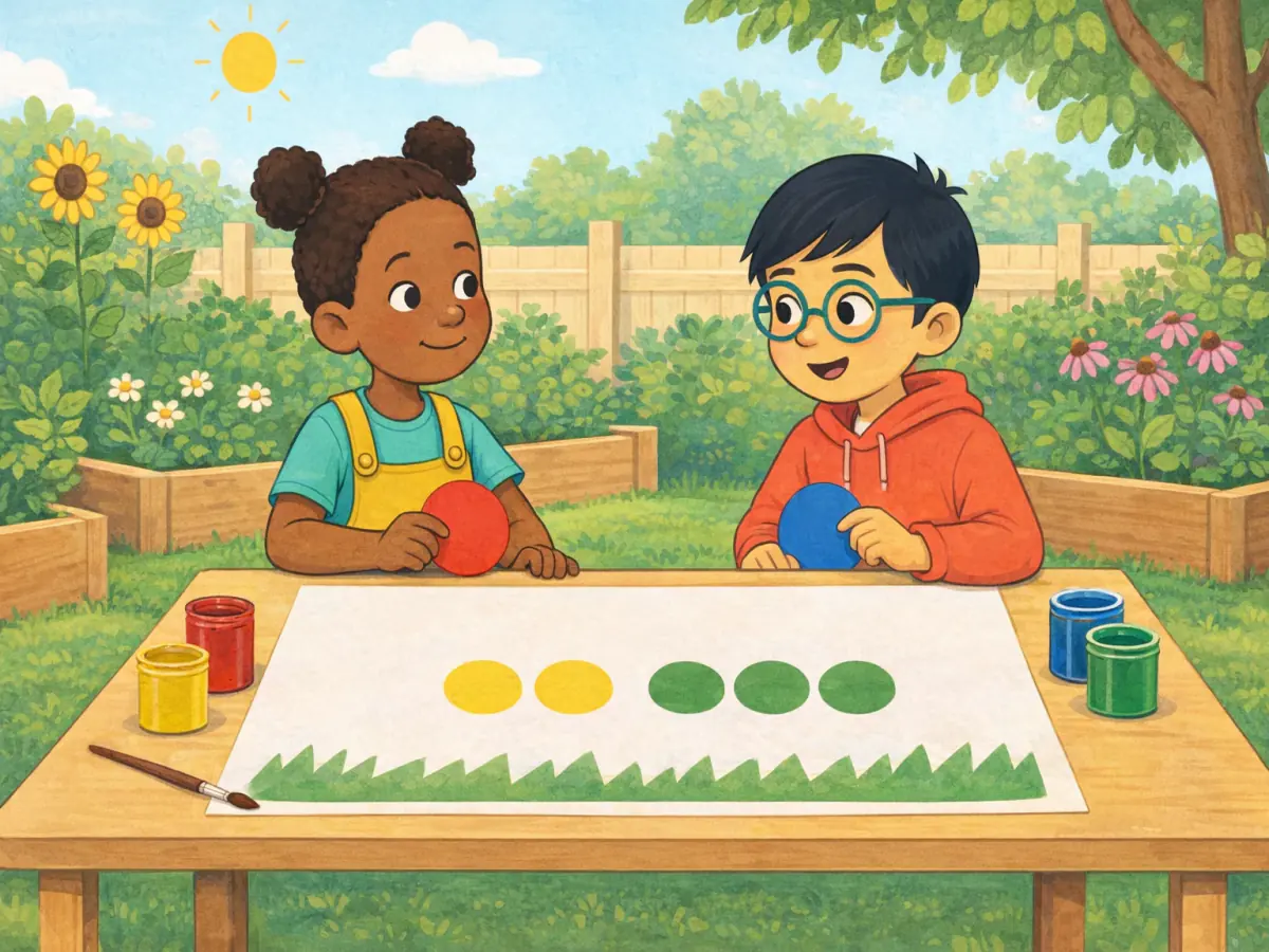Two children work together on an outdoor colour mural with two yellow circles and three green circles; one holds a red circle and the other holds a blue circle.