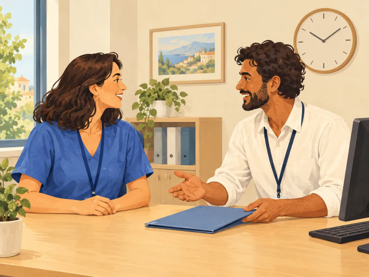 Two colleagues with lanyards talk across a desk; one in blue scrubs listens while the other gestures beside a blue folder.