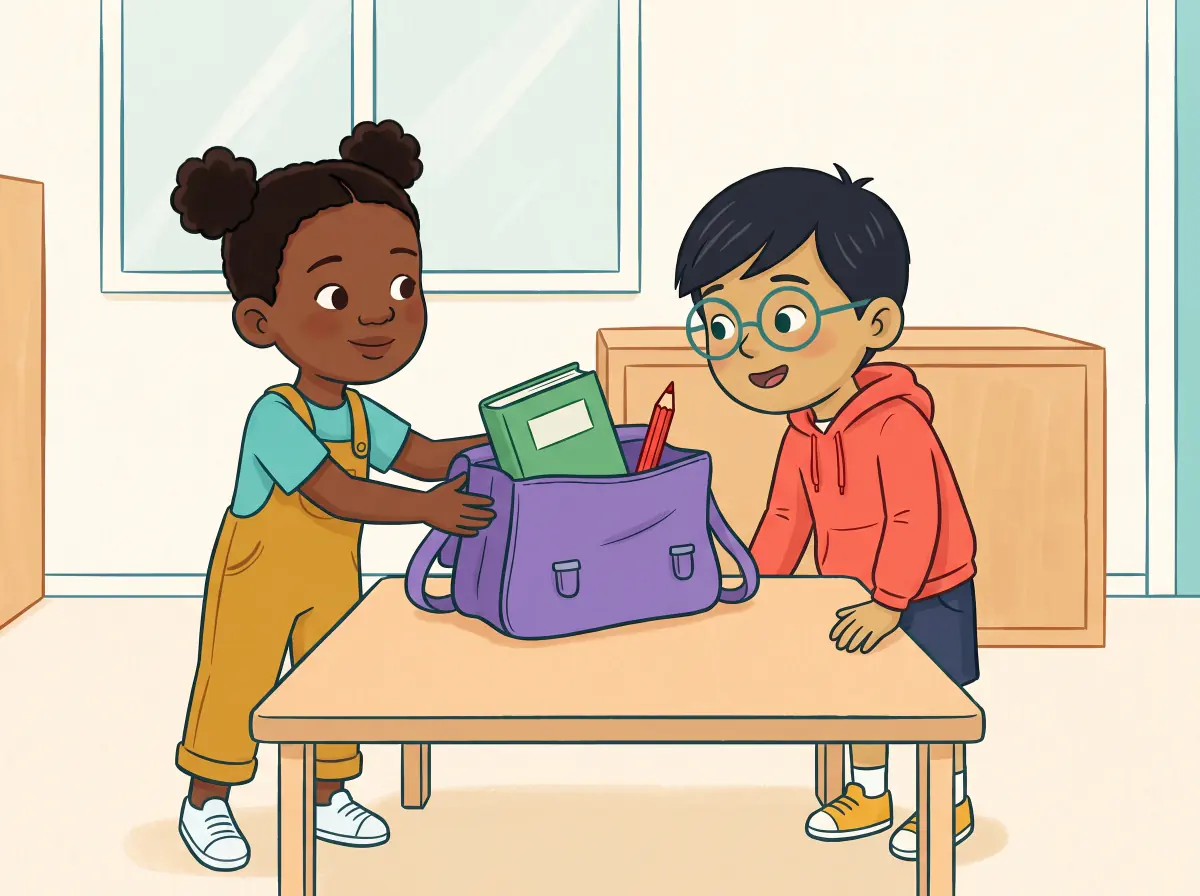 A girl opens her purple bag beside a boy. A green book and a red pencil peek out of the bag.