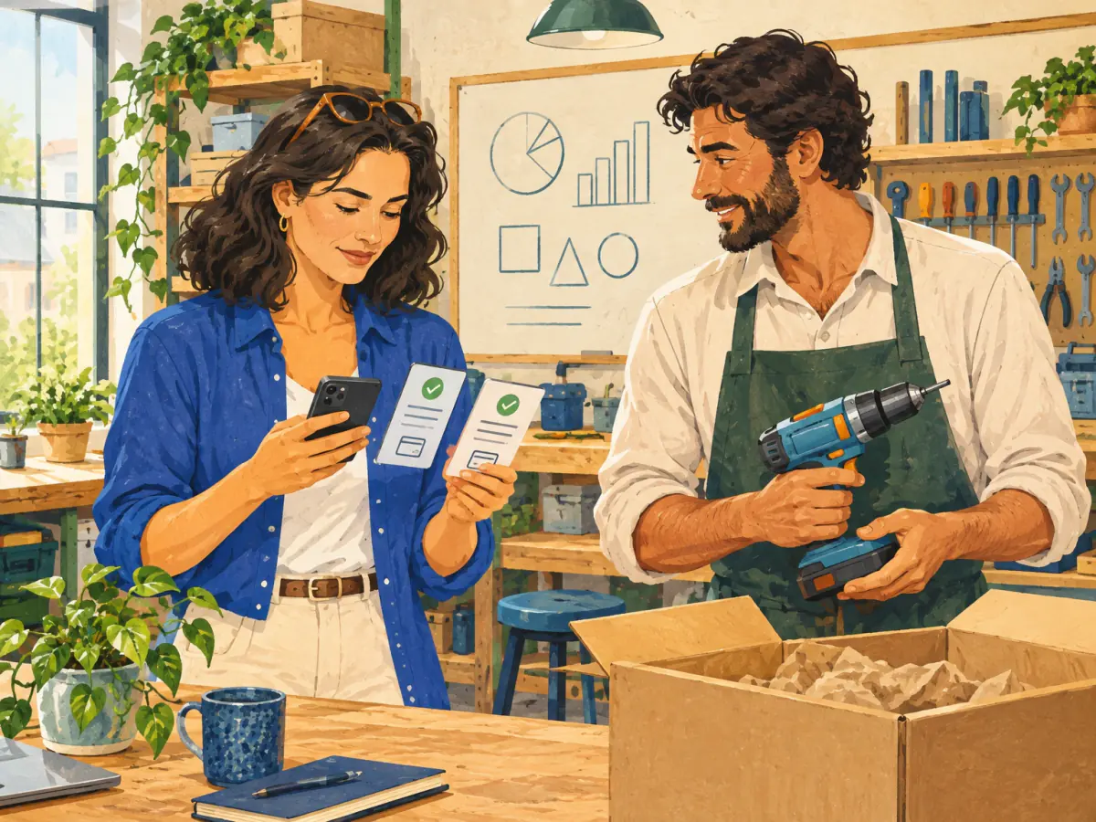 A woman notices two payment notifications while a man holds new equipment in a community repair studio.