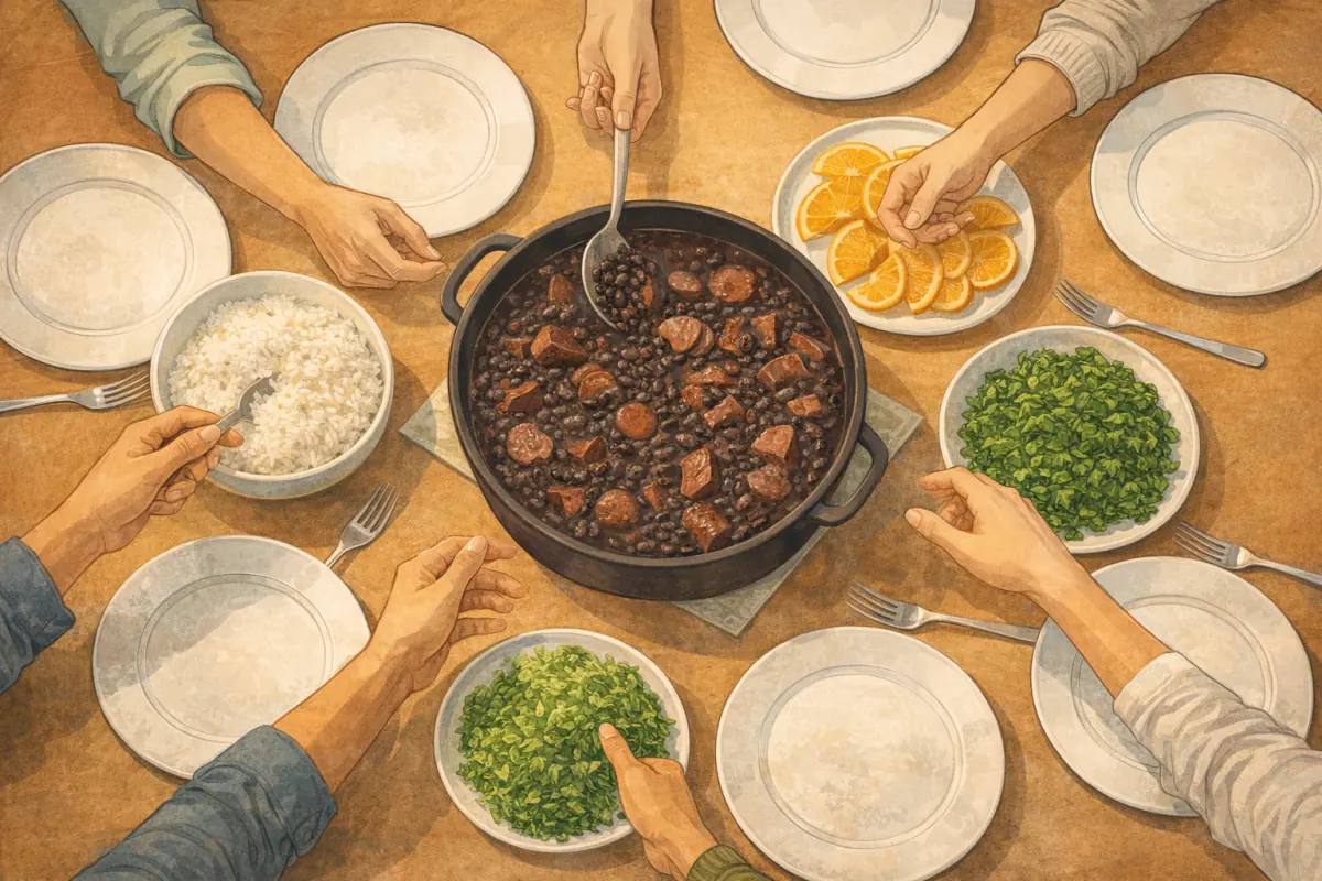 A Sunday lunch table seen from above: a pot of feijoada in the middle, with rice, orange slices, green vegetables and hands reaching for the food.