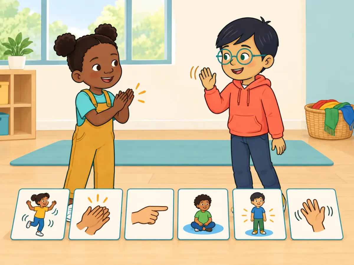 Two children move together beside six clear picture cards for dance, clap, point, sit down, stand up and wave.