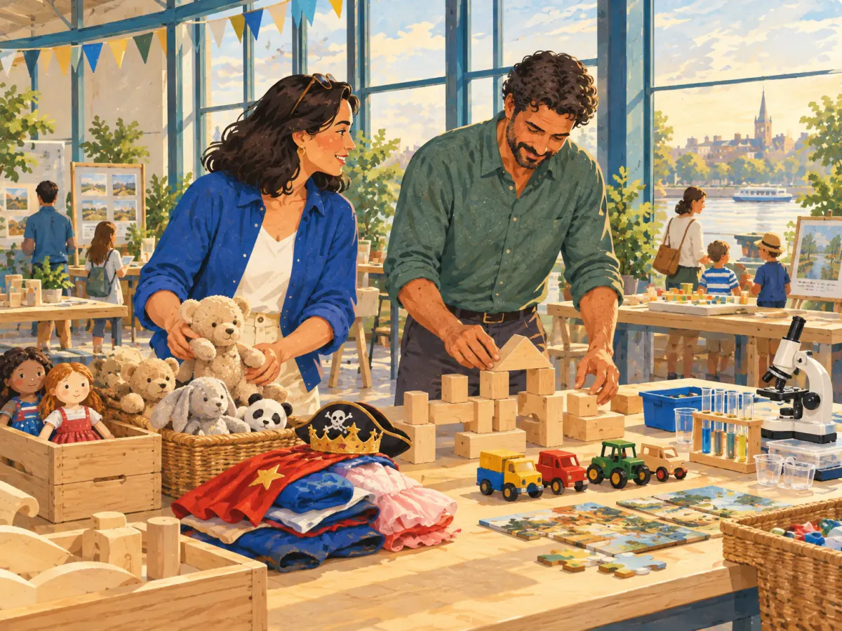 Two friends prepare varied children's activity materials for a family workshop.