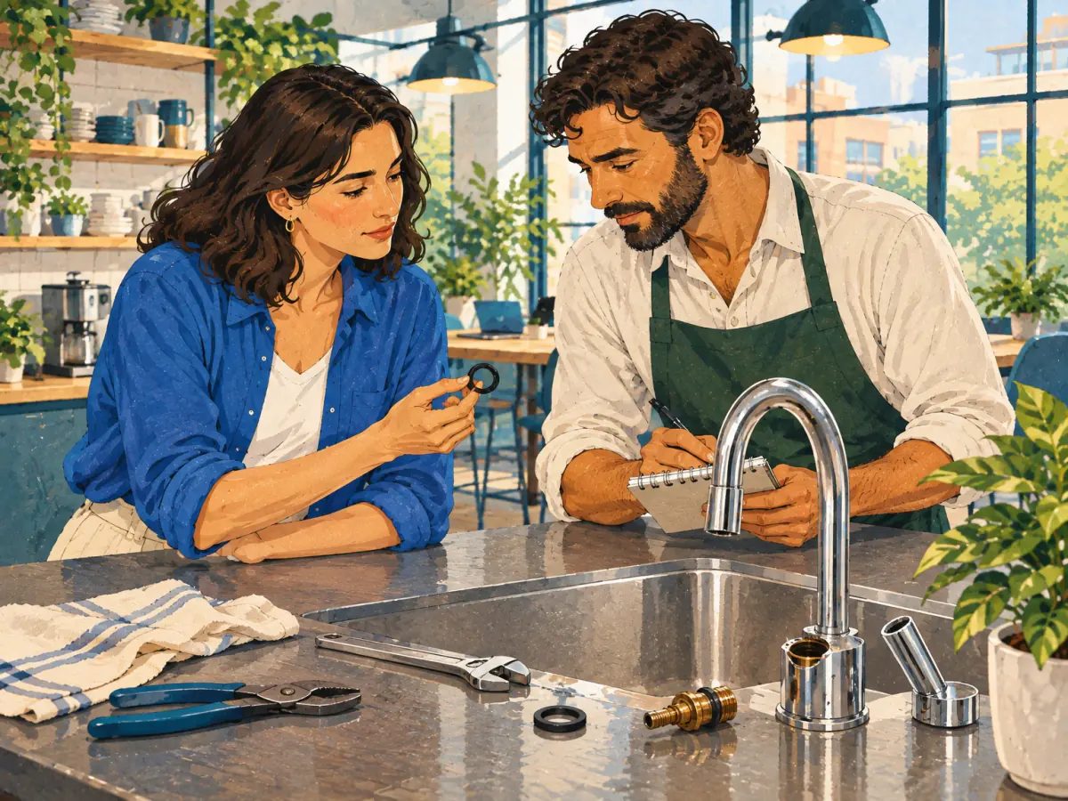 Two friends check a repaired tap and its rubber seal at a sink.