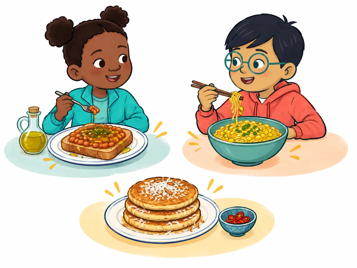 Three distinct breakfast tables show toast with beans, noodles with corn, and coconut pancakes with chilli kept separate.