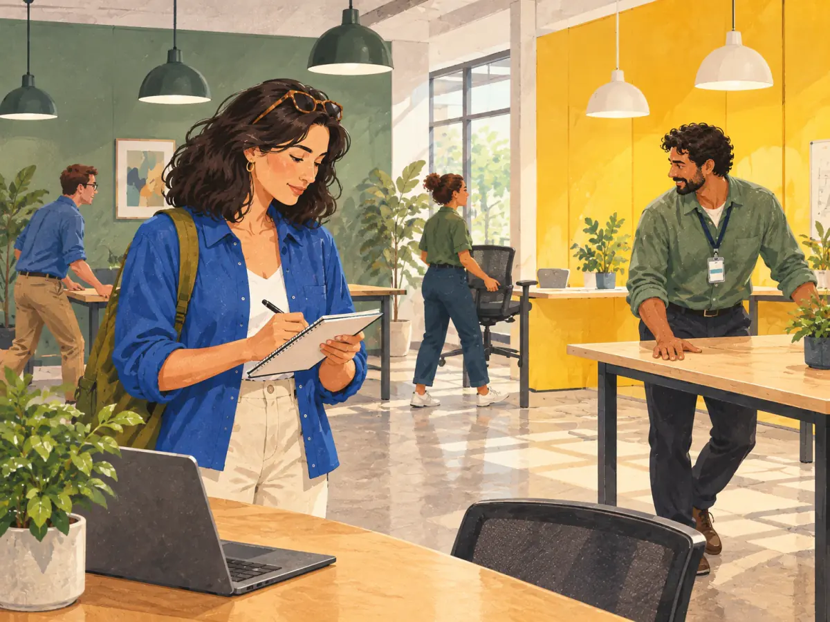 Workers compare differently coloured areas during an office design trial.