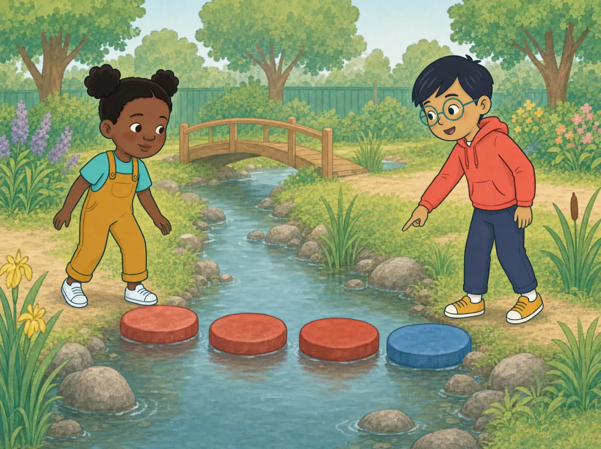 A left-to-right stepping-stone path shows three red stones and one blue stone. Nia starts at the left; Leo points to the different blue stone at the right.