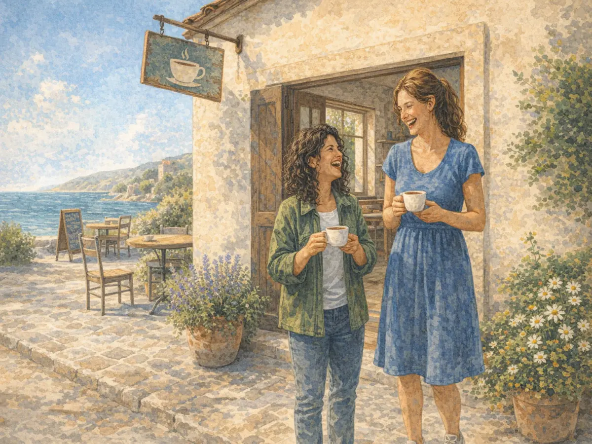 Two women laugh outside their new café on opening morning, each holding a cup of coffee, under a sign that hangs at an angle.