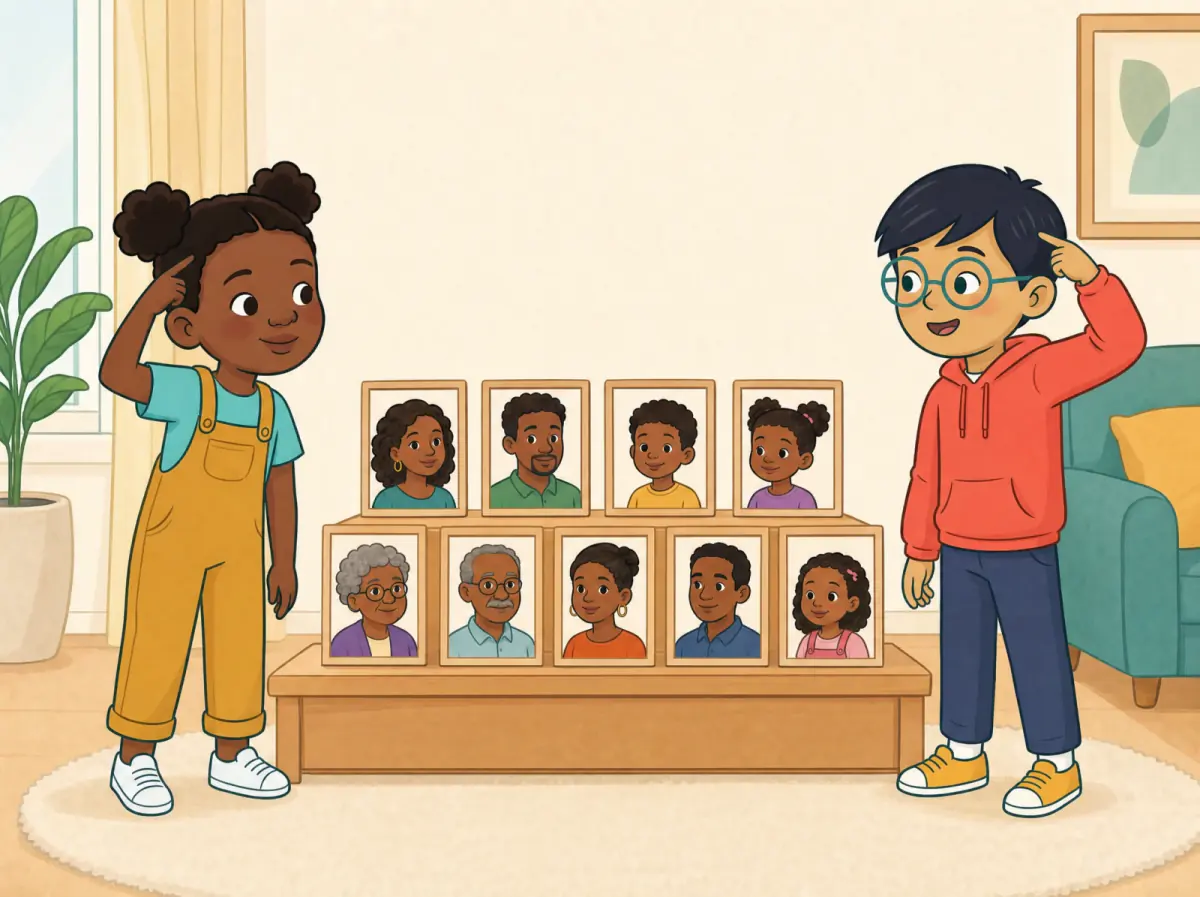 In a girl's bright family room, nine framed portrait icons sit on one low display: mother, father, brother, sister, grandmother, grandfather, aunt, uncle and cousin. The girl points to her own curly black hair; a boy points to his short straight dark hair.